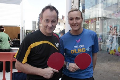 Table tennis champion and GB player Kelly Sibley and coach, former six times National Men’s winner, Alan Cooke at 2012 event. Credit Pukaar News