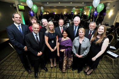 (Back row, l-r) Joe Humphries Memorial Trust patron and rugby legend Martin Johnson CBE, musicians Jersey Budd and Andy Price, Simon Taylor from Gateley’s, football coach and Trust supporter Lawrie McMenemy MBE, cardiac specialist Dr Mike Ferguson and Vicky Wills from Joe Humphries Memorial Trust. (Front row, l-r) Trust chair Steve Humphries, Angela Humphries, assistant city mayor Cllr Manjula Sood, and Val Lewis, community volunteer. Credit. Joe Humphries Memorial Trust