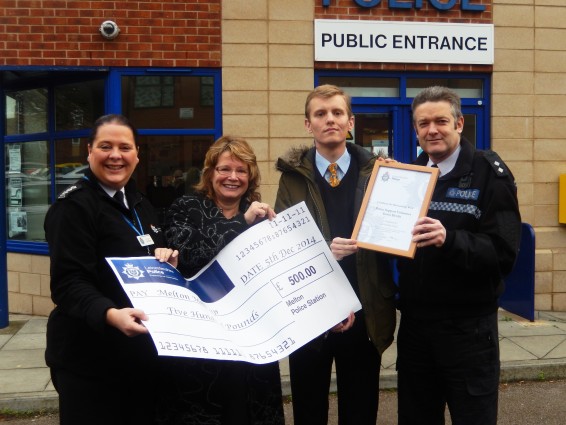 Chief Inspector Sian Walls, Yvonne Iwanczuk from Melton Mencap, Gavin Devlin and Inspector John Gray.  Credit. Leicestershire Police