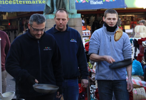 Market traders at Leicester Market's Pancake Race. Credit. Pukaar News