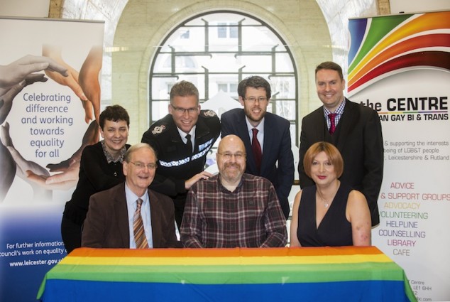 Sue Lock from Leicester City Clinical Commissioning Group; Chief Constable Simon Cole; Cllr Rory Palmer, Deputy City Mayor; Professor Dominic Shellard, from DMU; Bernard Greaves, Dennis Bradley and Rebecca Shaw from Leicester LGBT Centre