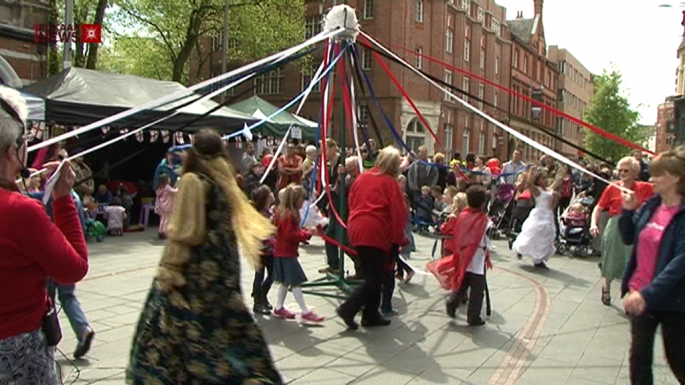 Dancing around the maypole in Leicester's Cultural Quarter. Credit. Pukaar News