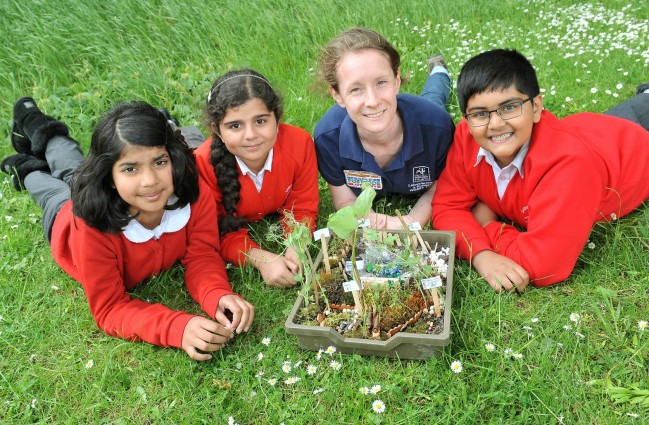 Sandfield Close Primary School Eco Club members Dev, Khushi and Muskan with judge Rachel Ibbotson from the Leicestershire & Rutland Wildlife Trust. Credit. Leicestershire and Rutland Wildlife Trust