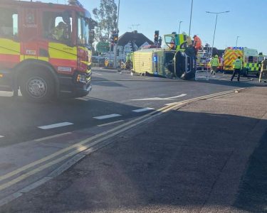 AMBULANCE OVERTURNS FOLLOWING CRASH IN LEICESTER
